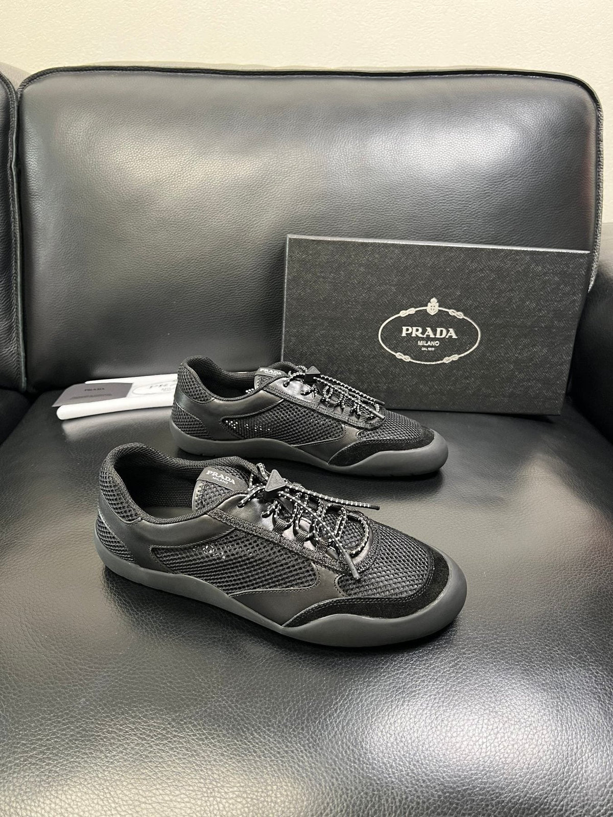 Prada Black and Charcoal Gray Sneakers — front