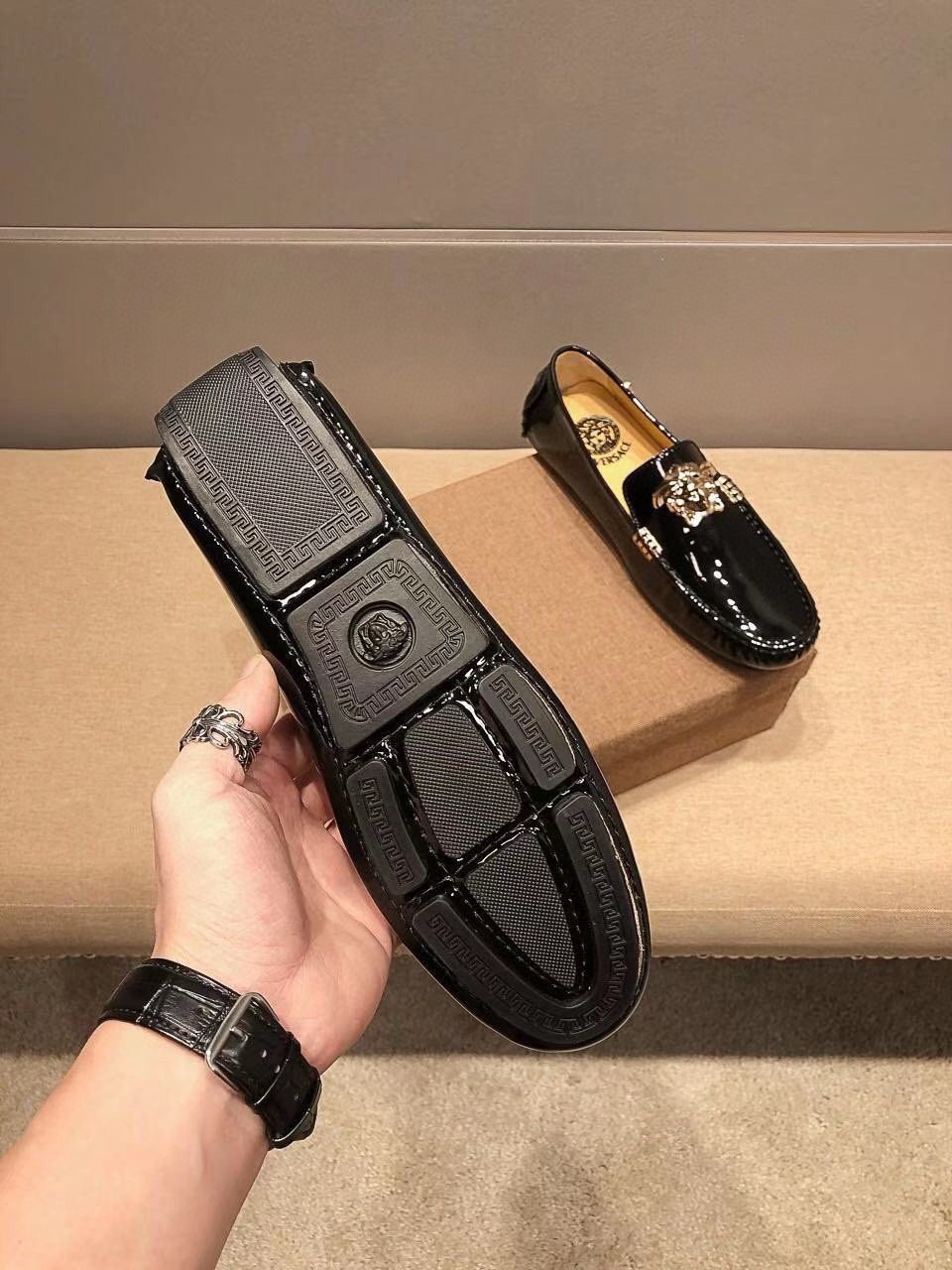 Versace Black Patent Leather Medusa-Style Loafers — detail