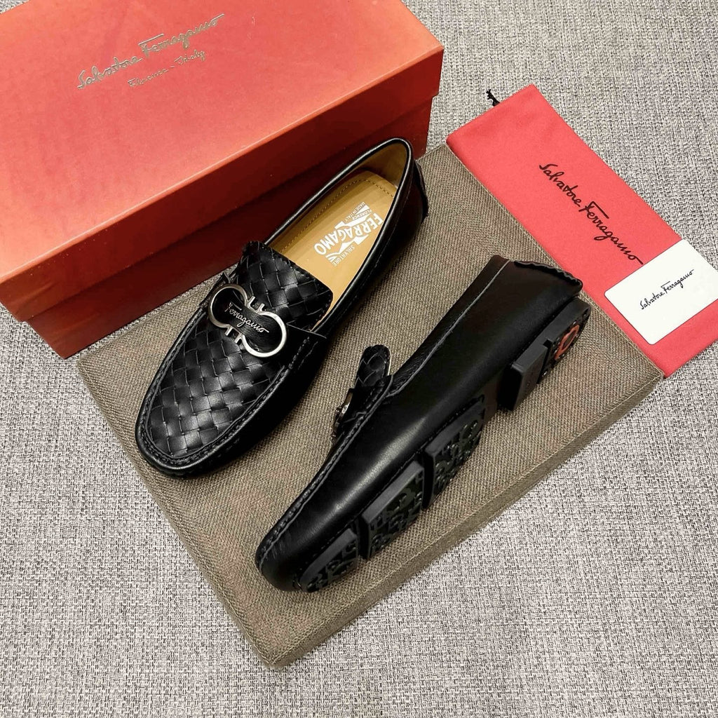 Ferragamo Black Woven Driving Loafers — side