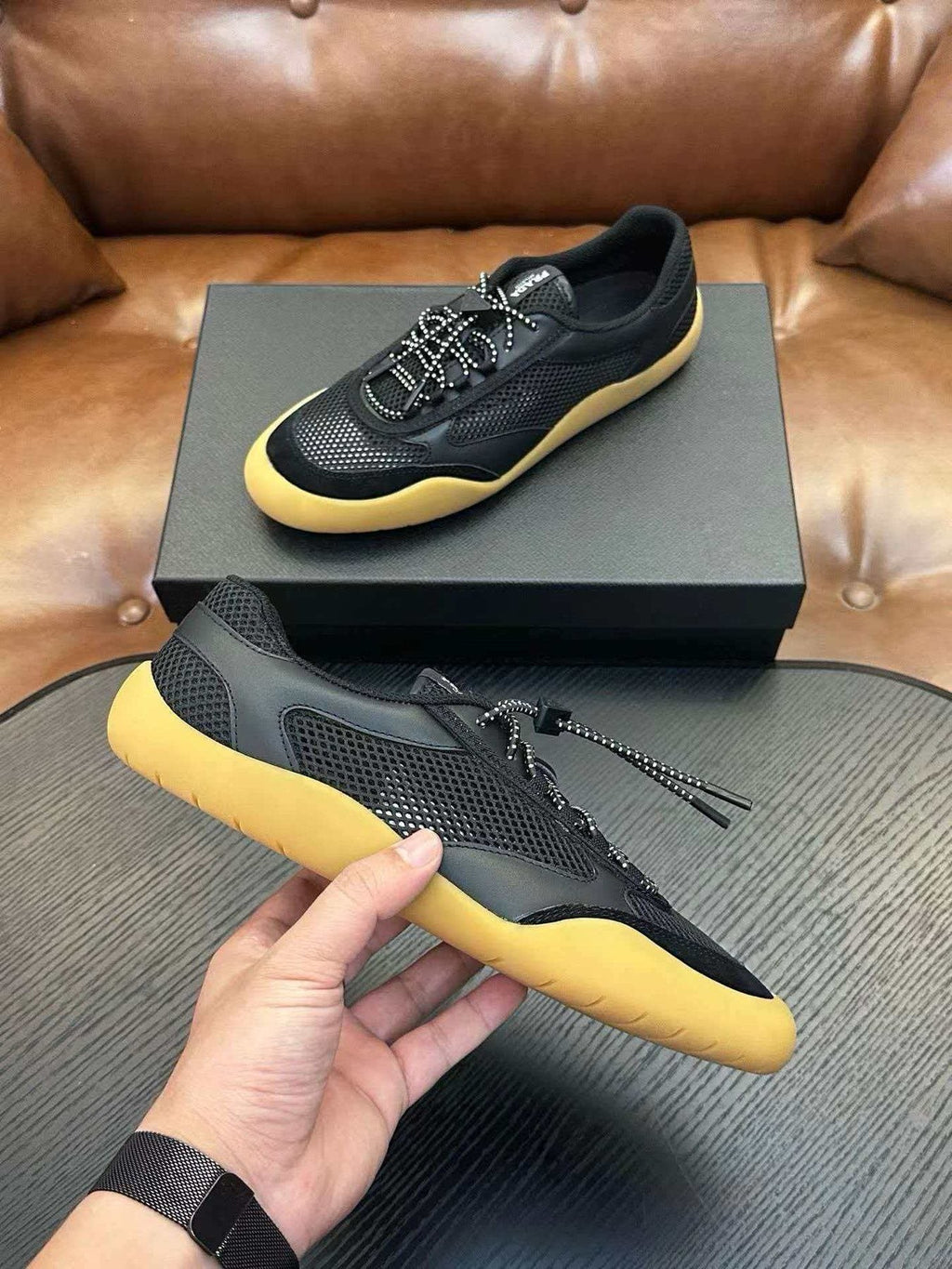 Prada Black Yellow-Sole Sneakers — side