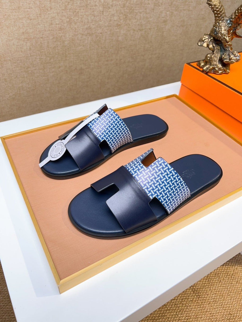 Hermès Blue Patterned H Slide Sandals — front