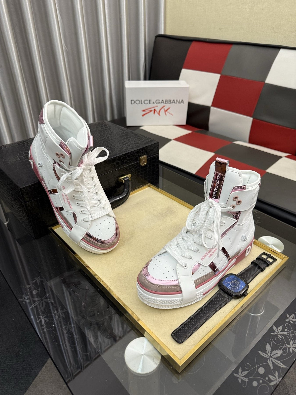 Dolce & Gabbana White and Pink High-Top Sneakers — side