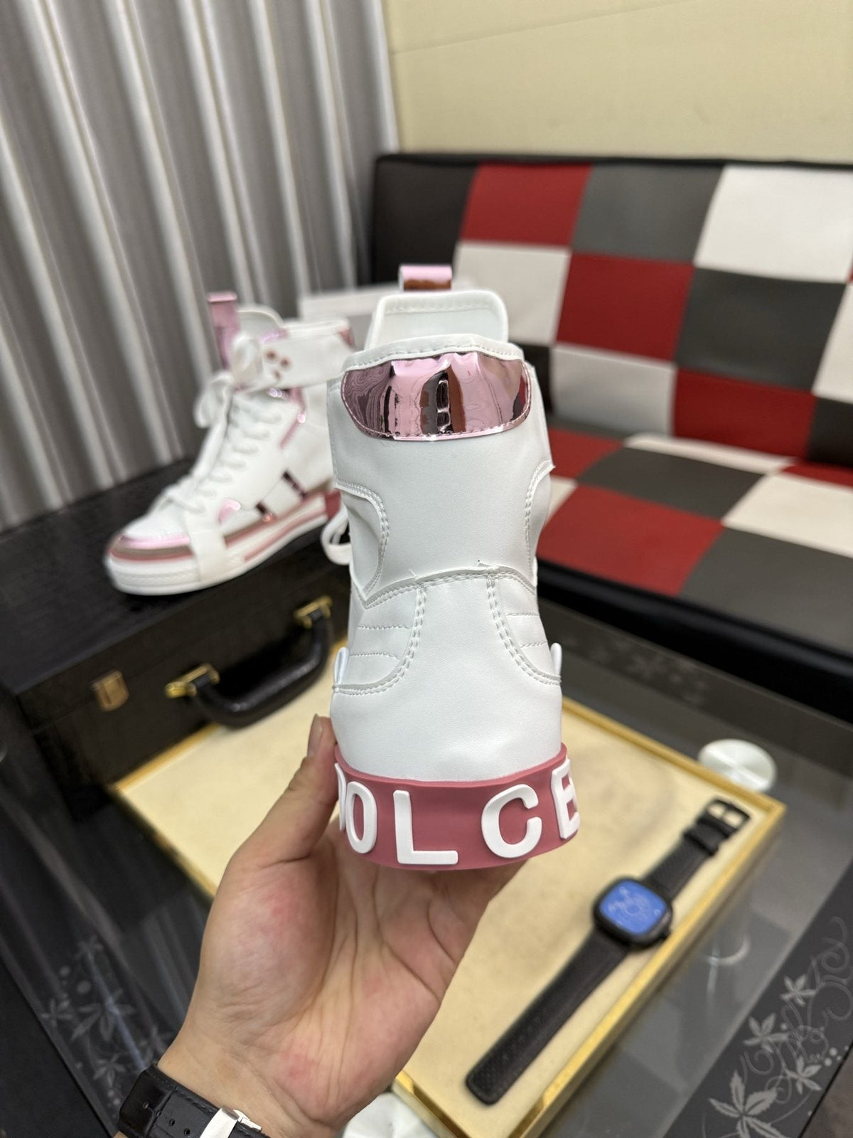 Dolce & Gabbana White and Pink High-Top Sneakers — back