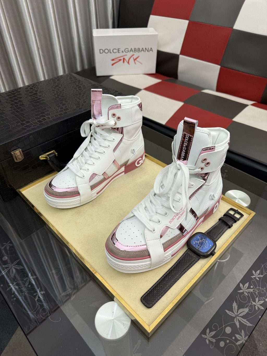 Dolce & Gabbana White and Pink High-Top Sneakers — front