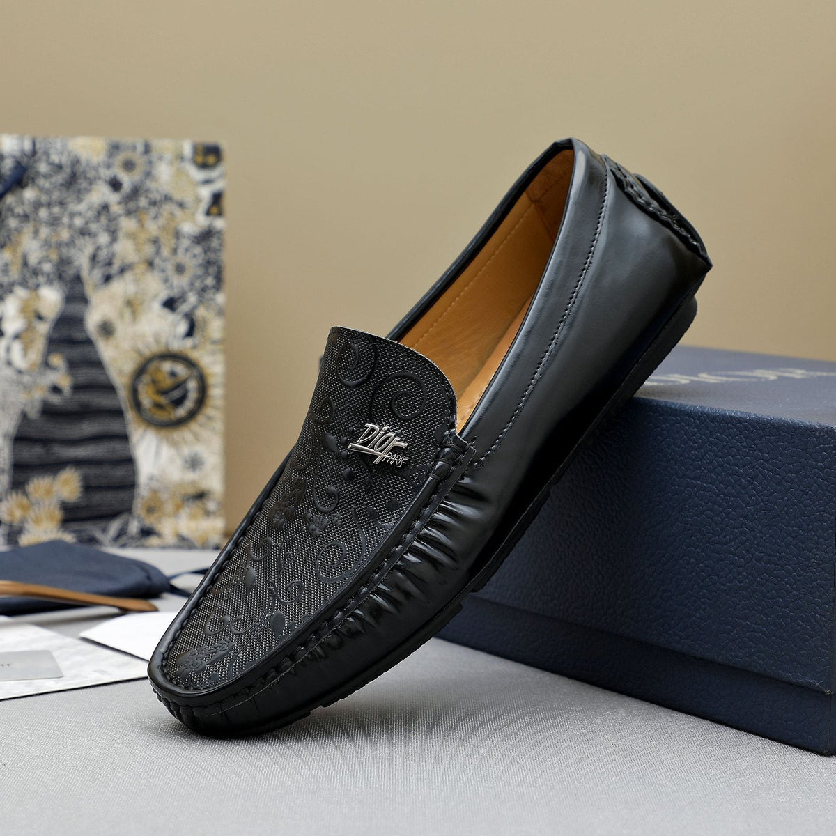Dior Black Embossed Slip-On Loafers — side