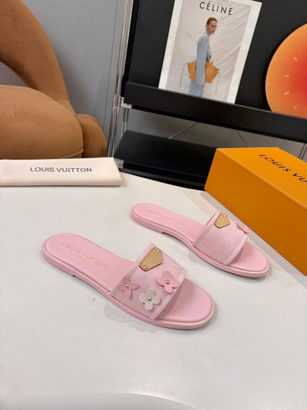Louis Vuitton Pink Flower Slide Sandals — front