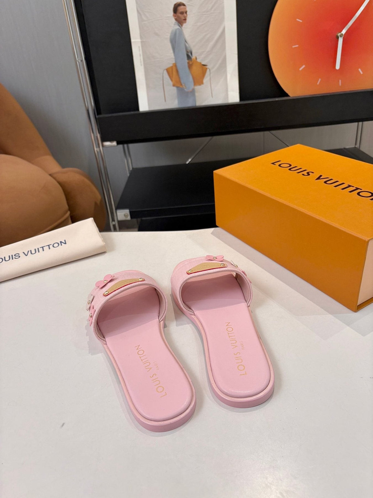 Louis Vuitton Pink Flower Slide Sandals — front