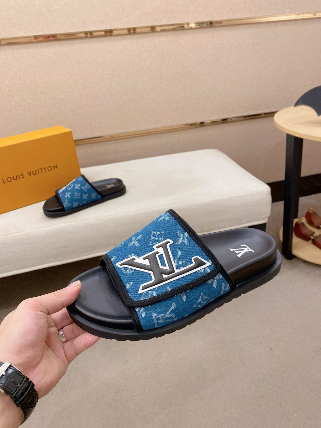 Louis Vuitton Blue Patterned Slide Sandals — front