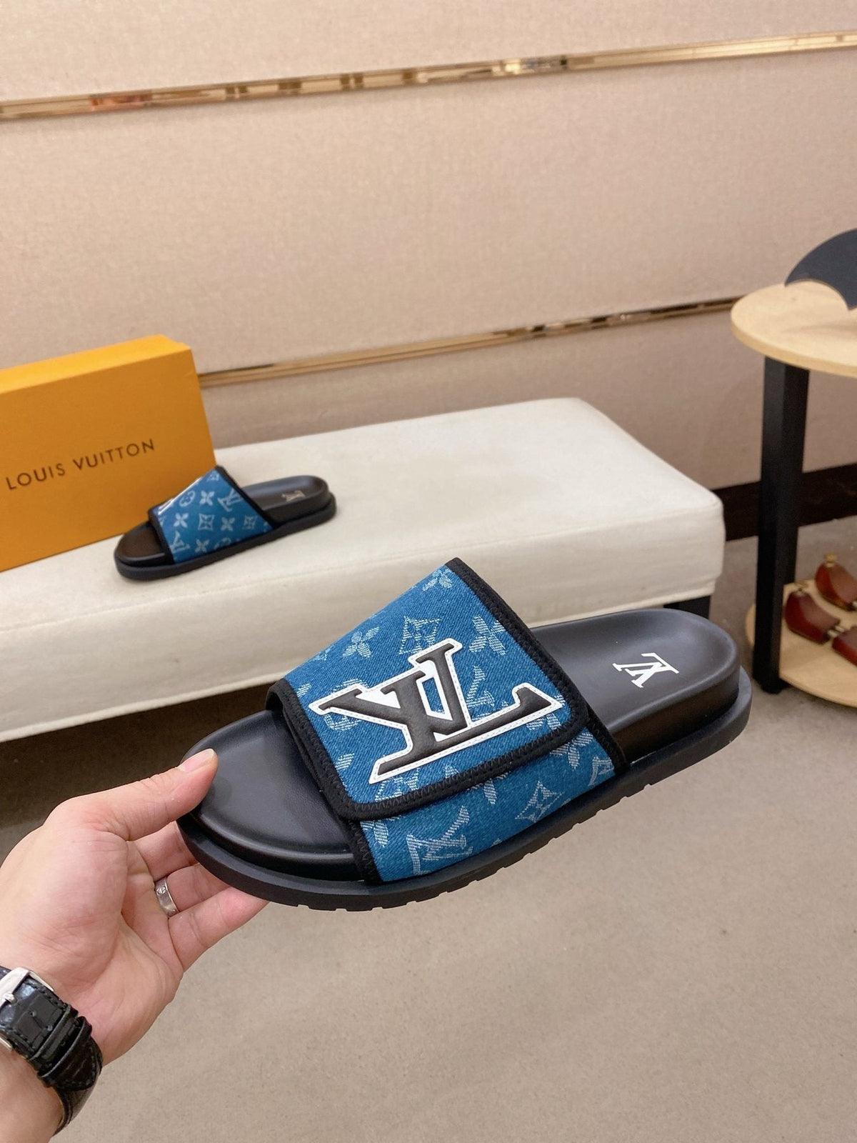 Louis Vuitton Blue Patterned Slide Sandals — front