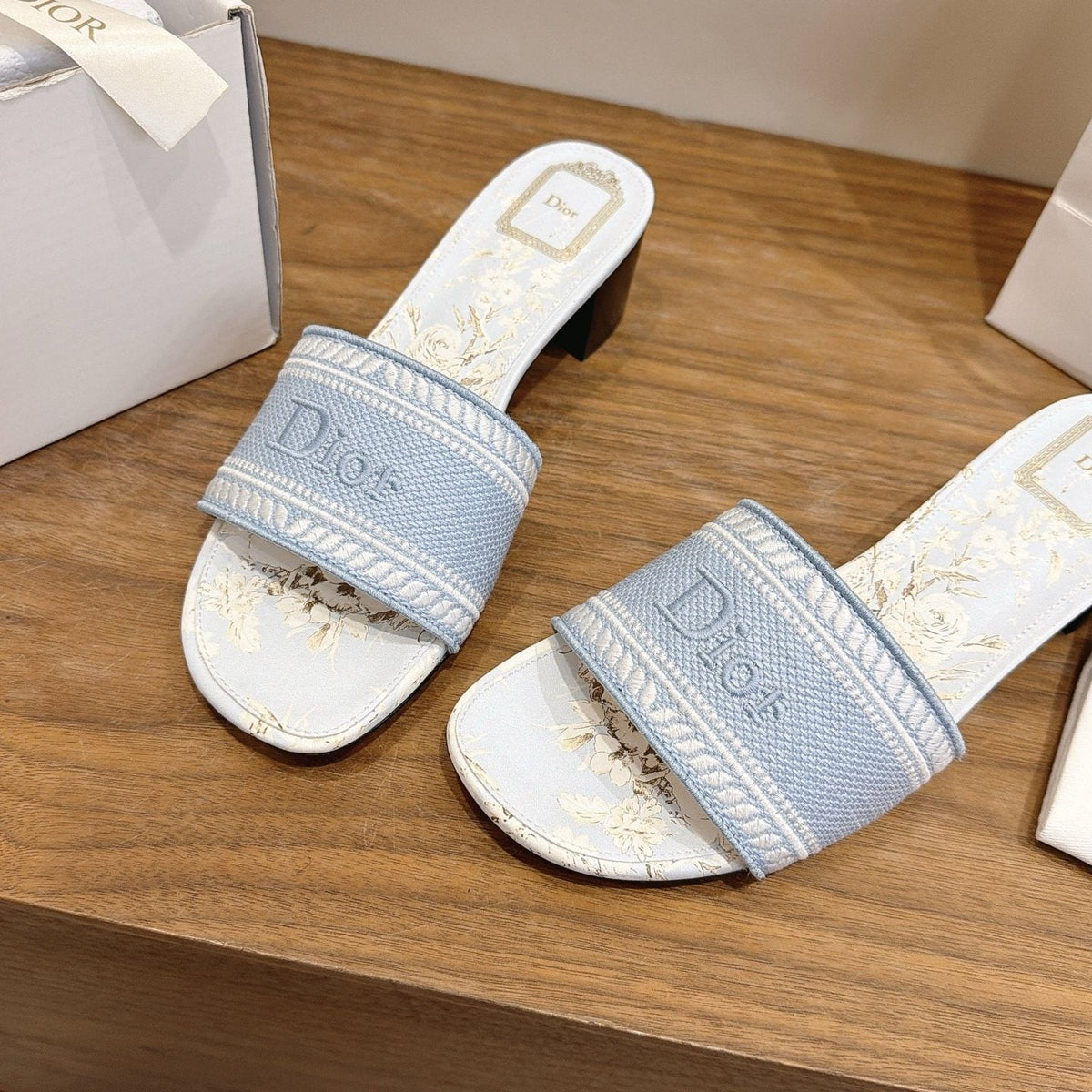 Dior Light Blue Embroidered Slide Sandals — front
