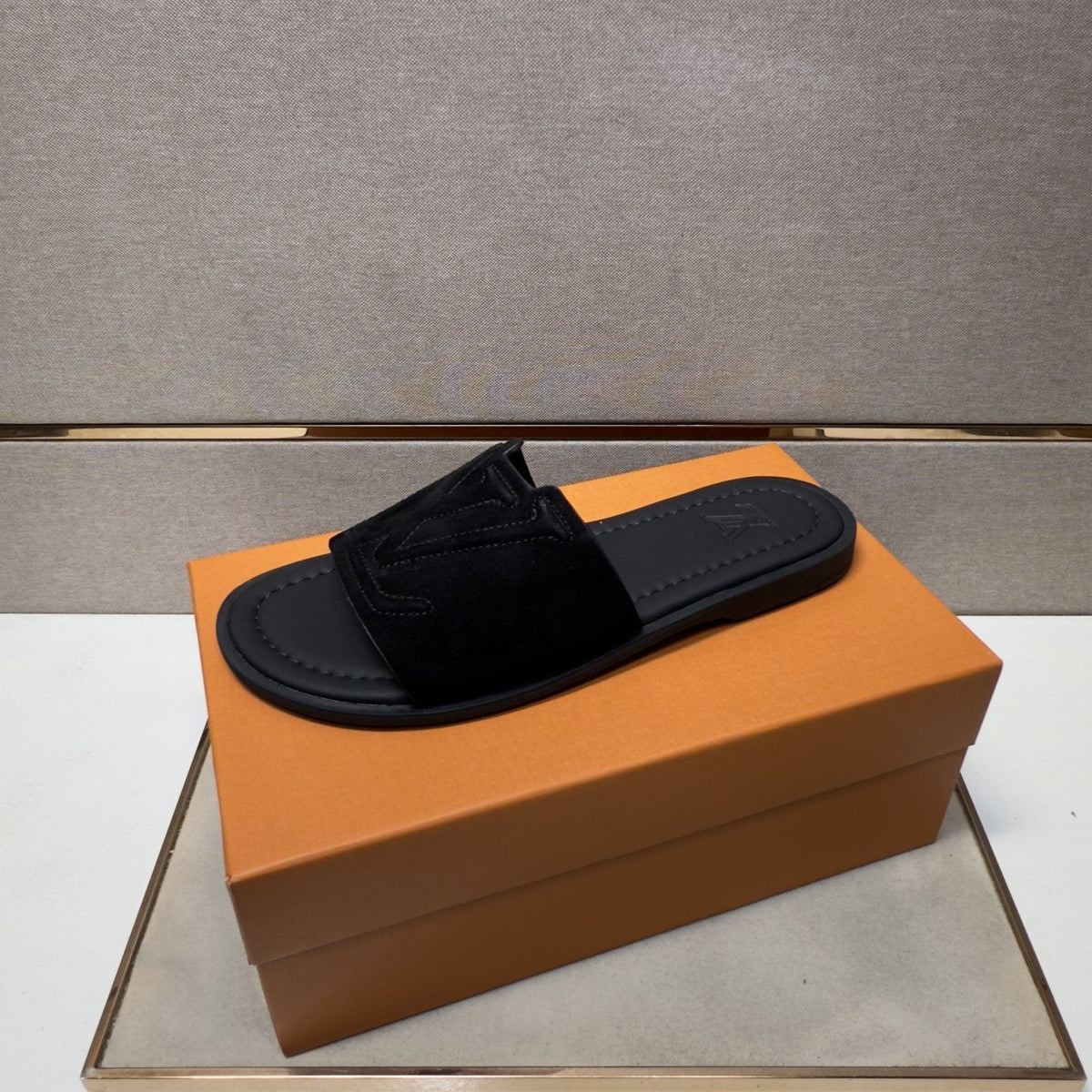 Louis Vuitton Black Logo Slide Sandals — front