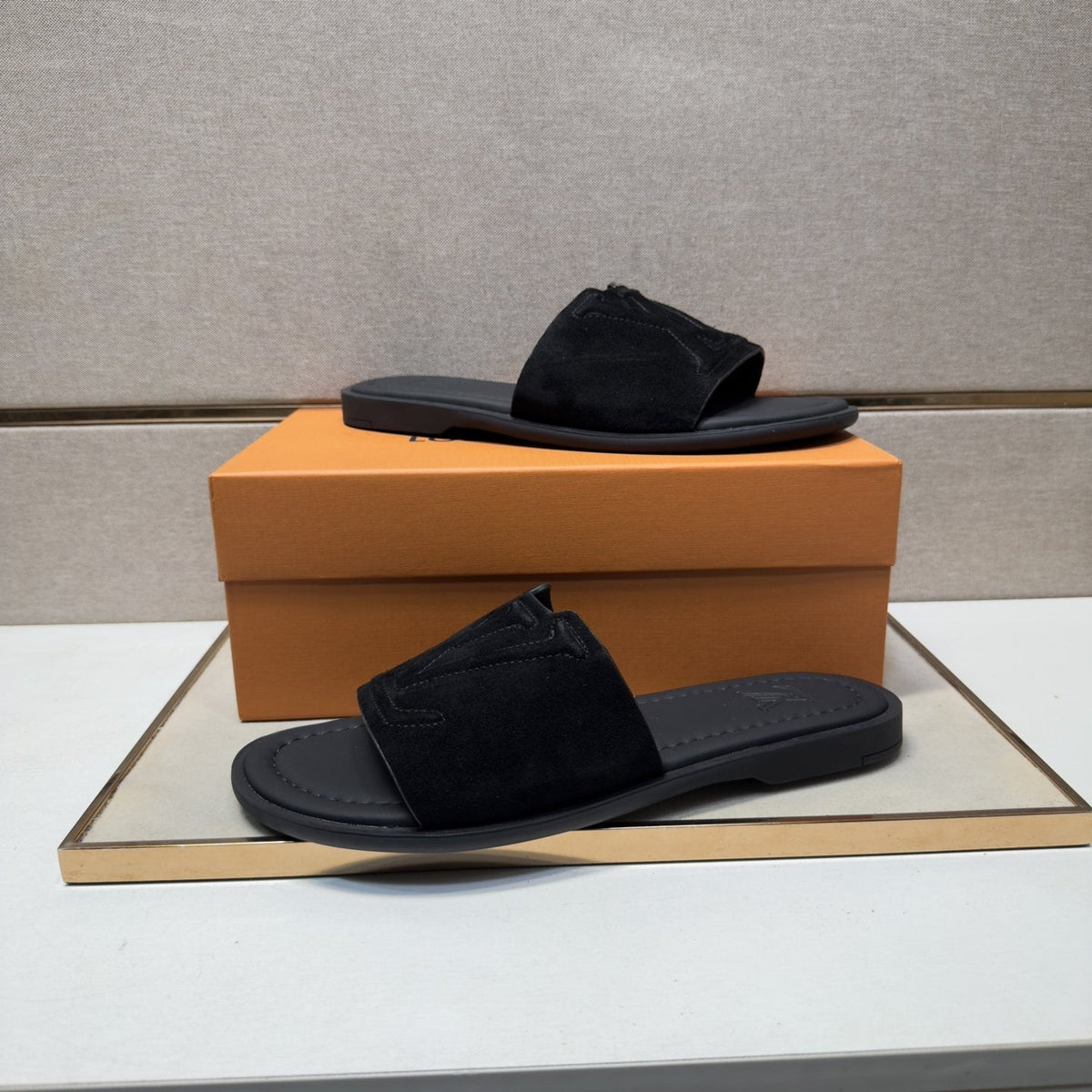 Louis Vuitton Black Logo Slide Sandals — front