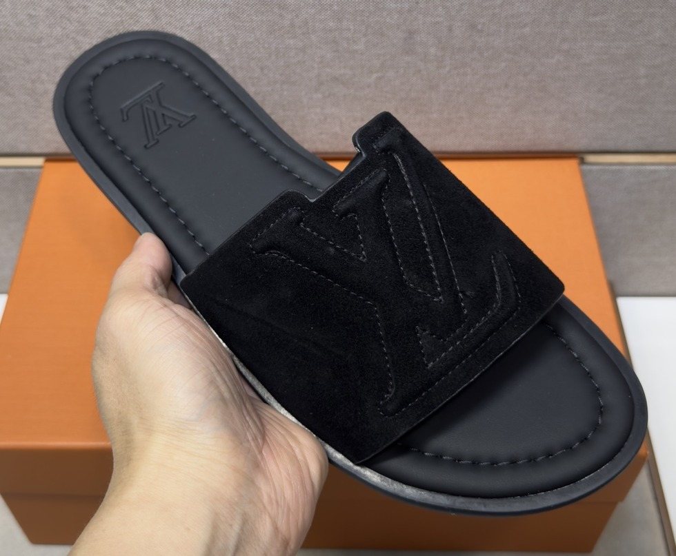 Louis Vuitton Black Logo Slide Sandals — front