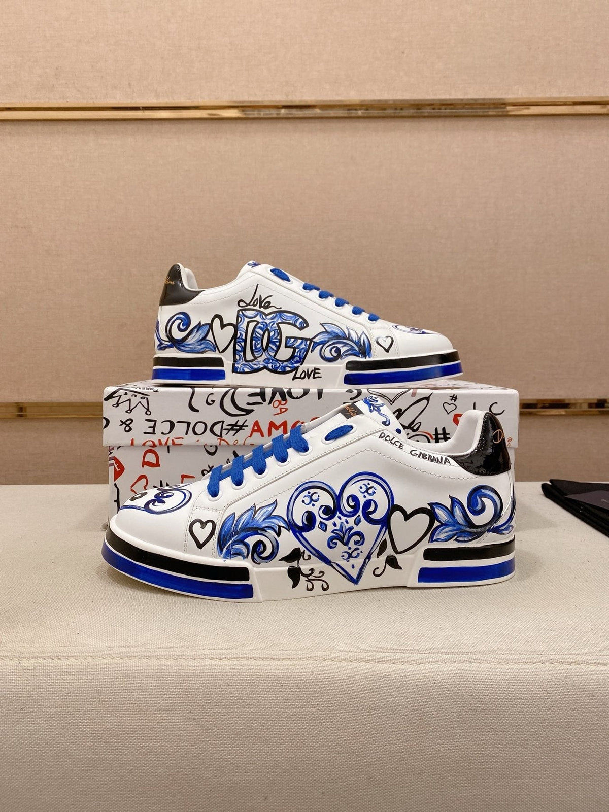 Dolce & Gabbana White Blue Graphic Sneakers — side