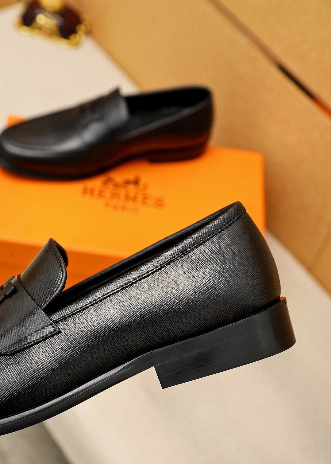 Hermès Black H-Strap Slip-On Loafers — detail