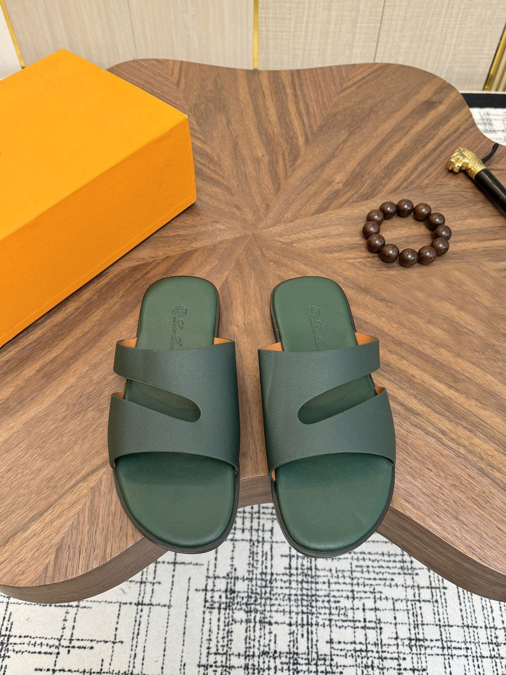 Loro Piana Dark Green Slide Sandals — hero