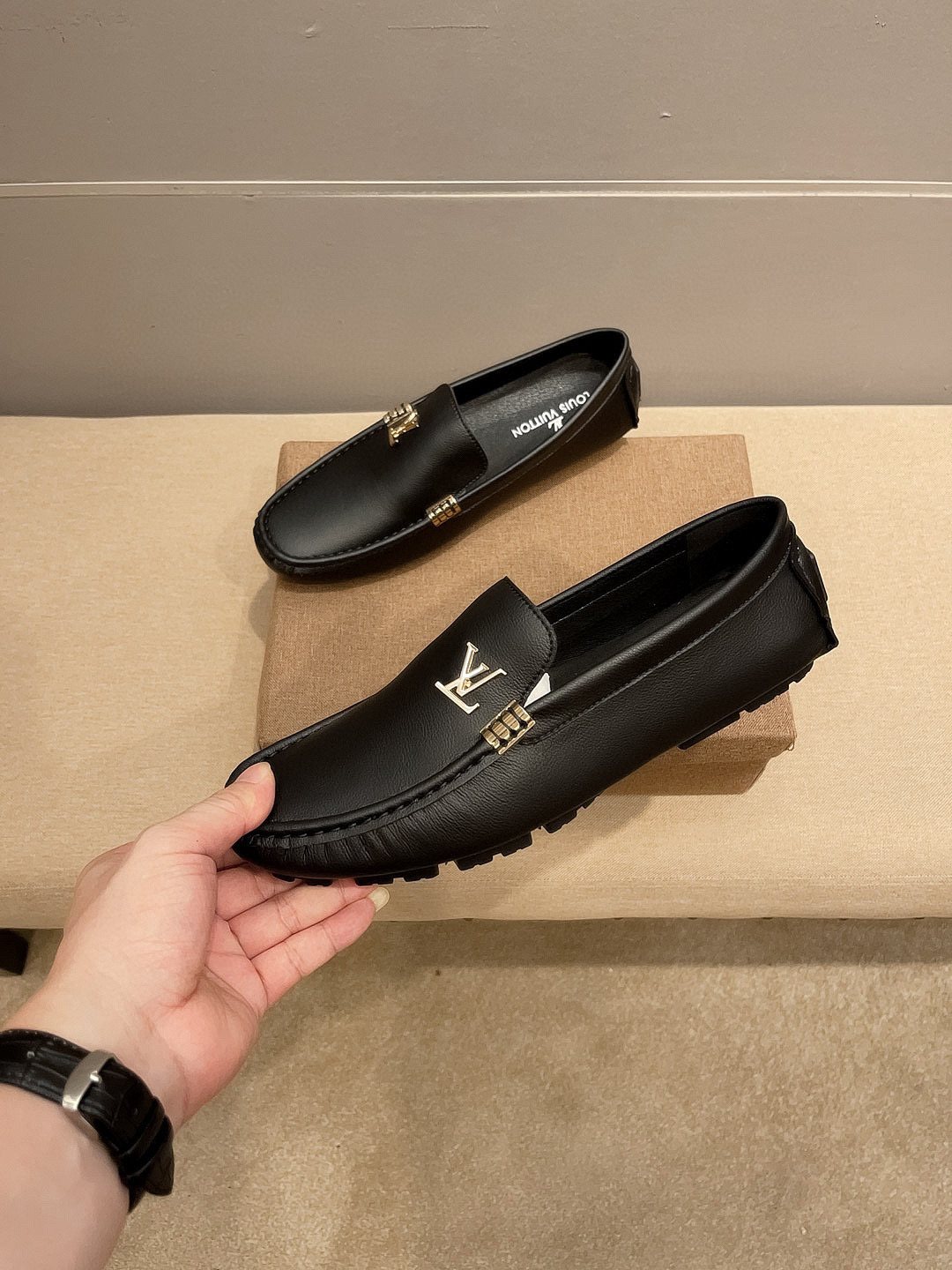Louis Vuitton Black Pebbled Leather Loafers — side