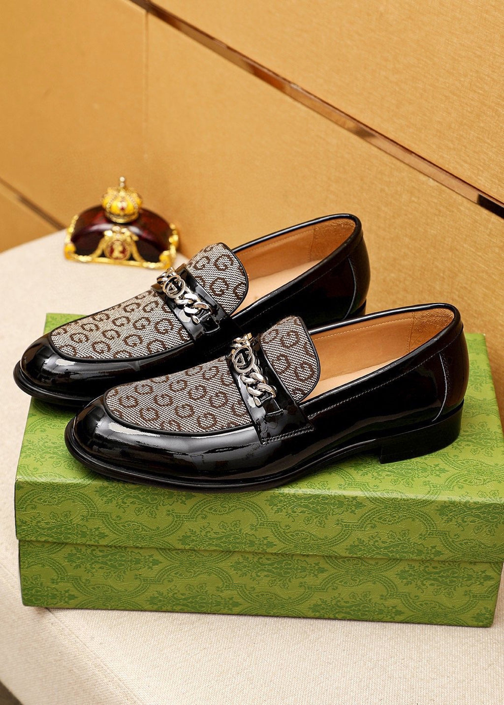 Gucci Black & Beige Patterned Loafers — hero