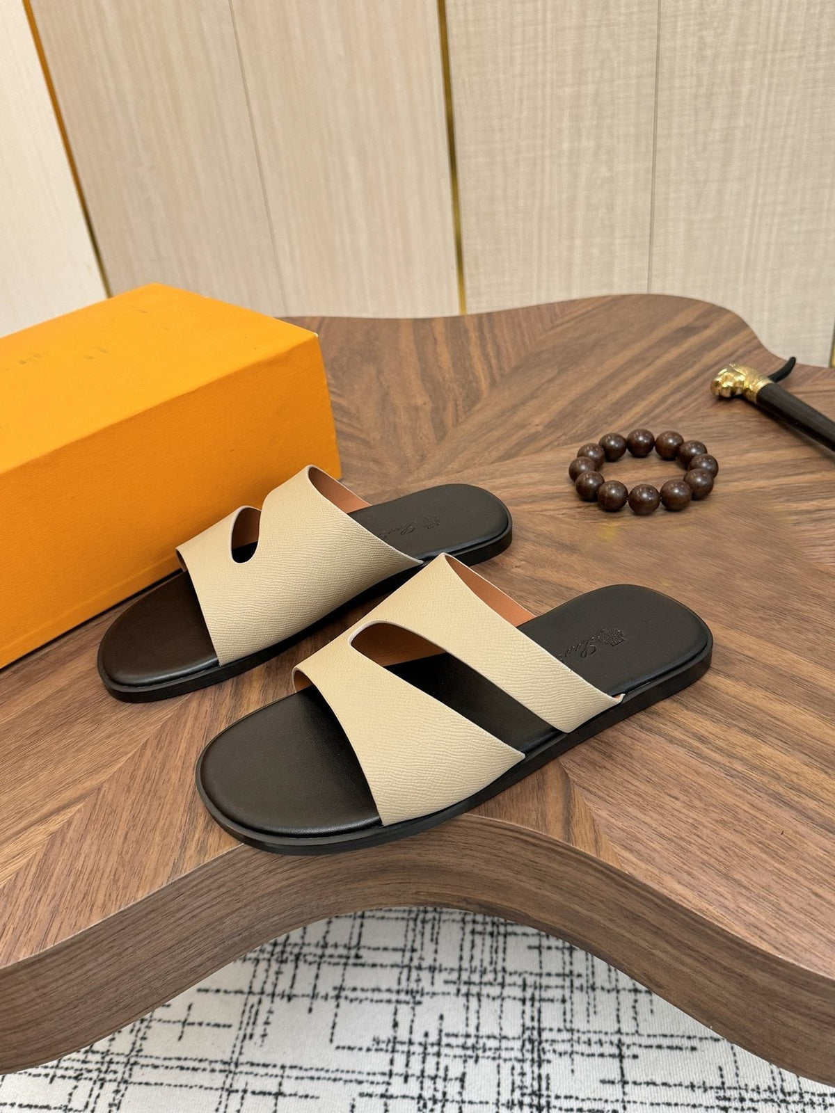 Loro Piana Cream and Black Slide Sandals — front