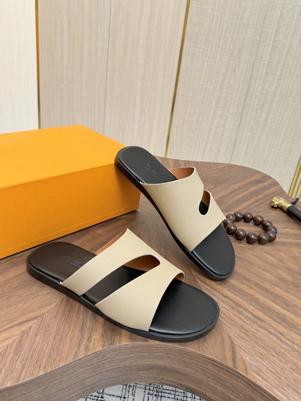 Loro Piana Cream and Black Slide Sandals — front