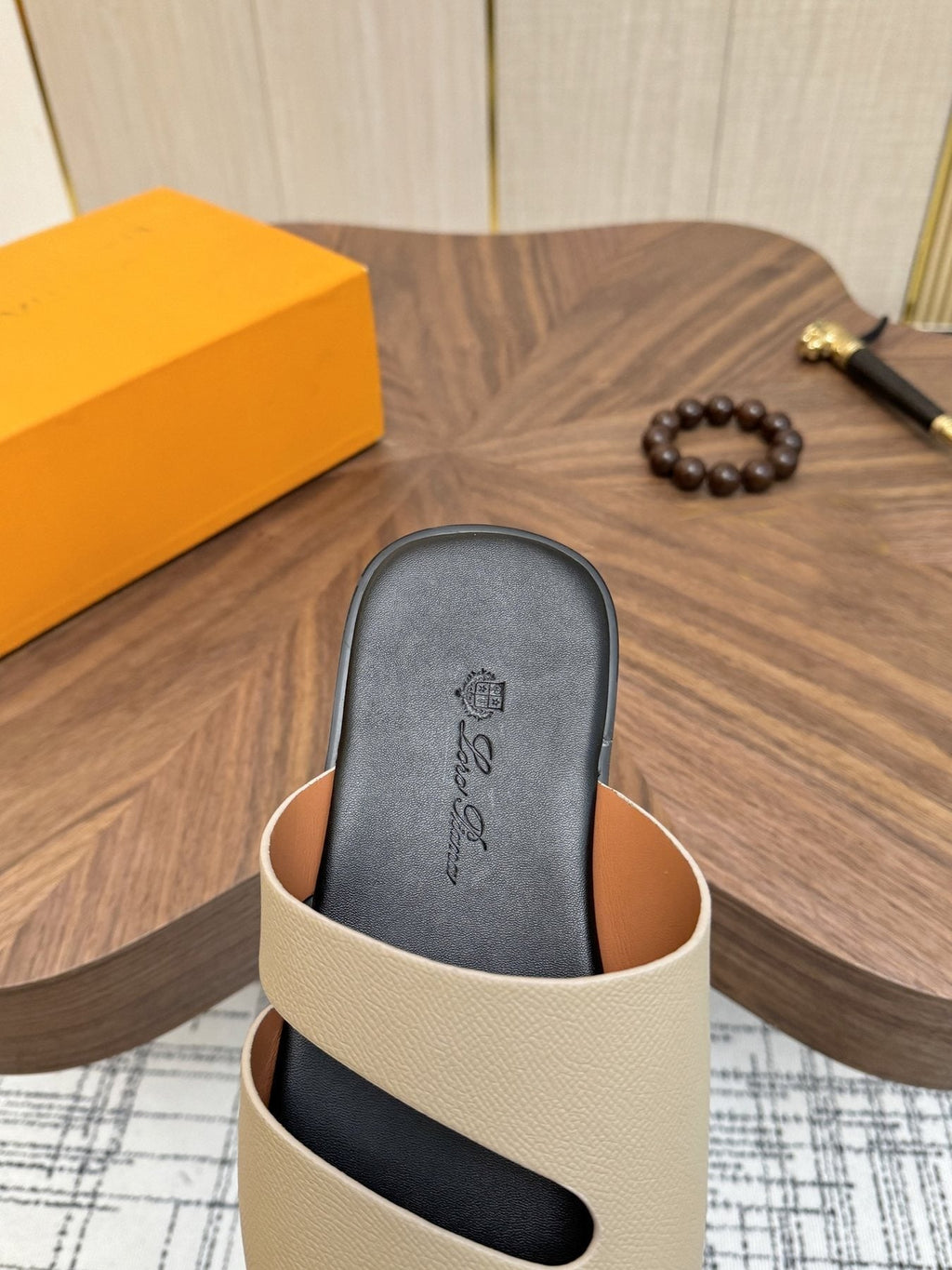Loro Piana Cream and Black Slide Sandals — detail