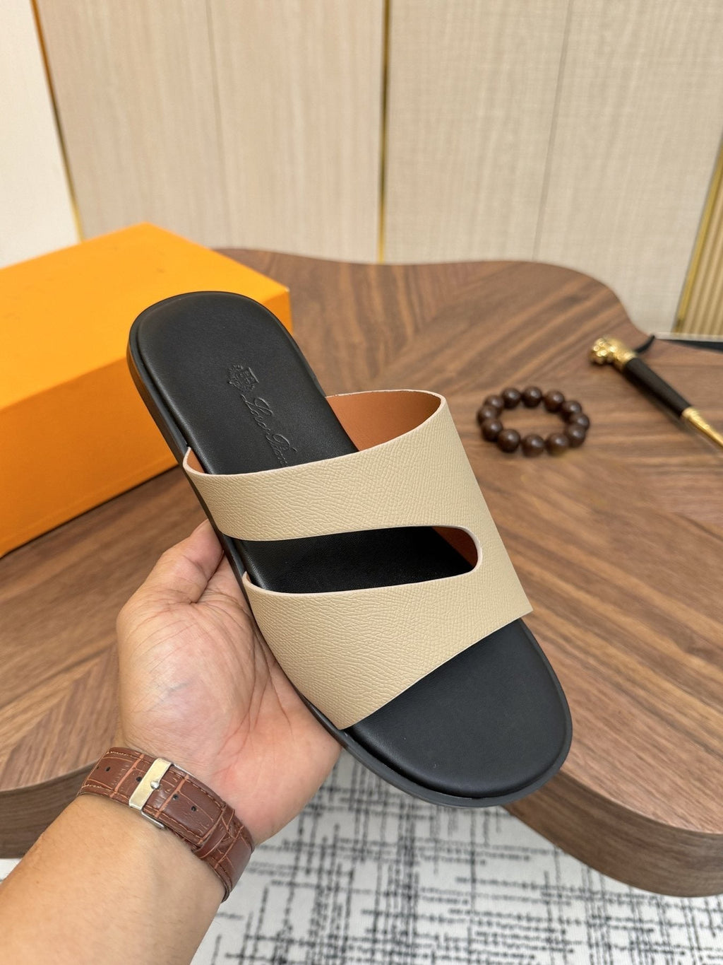 Loro Piana Cream and Black Slide Sandals — detail