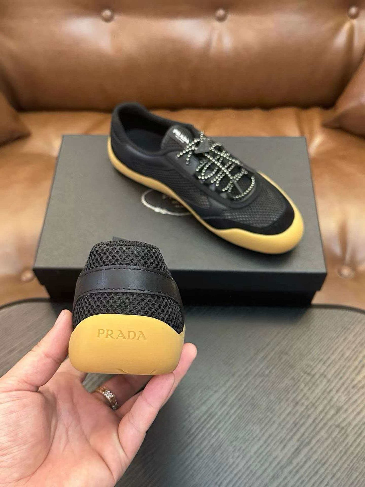 Prada Black Sneakers with Yellow Sole — back