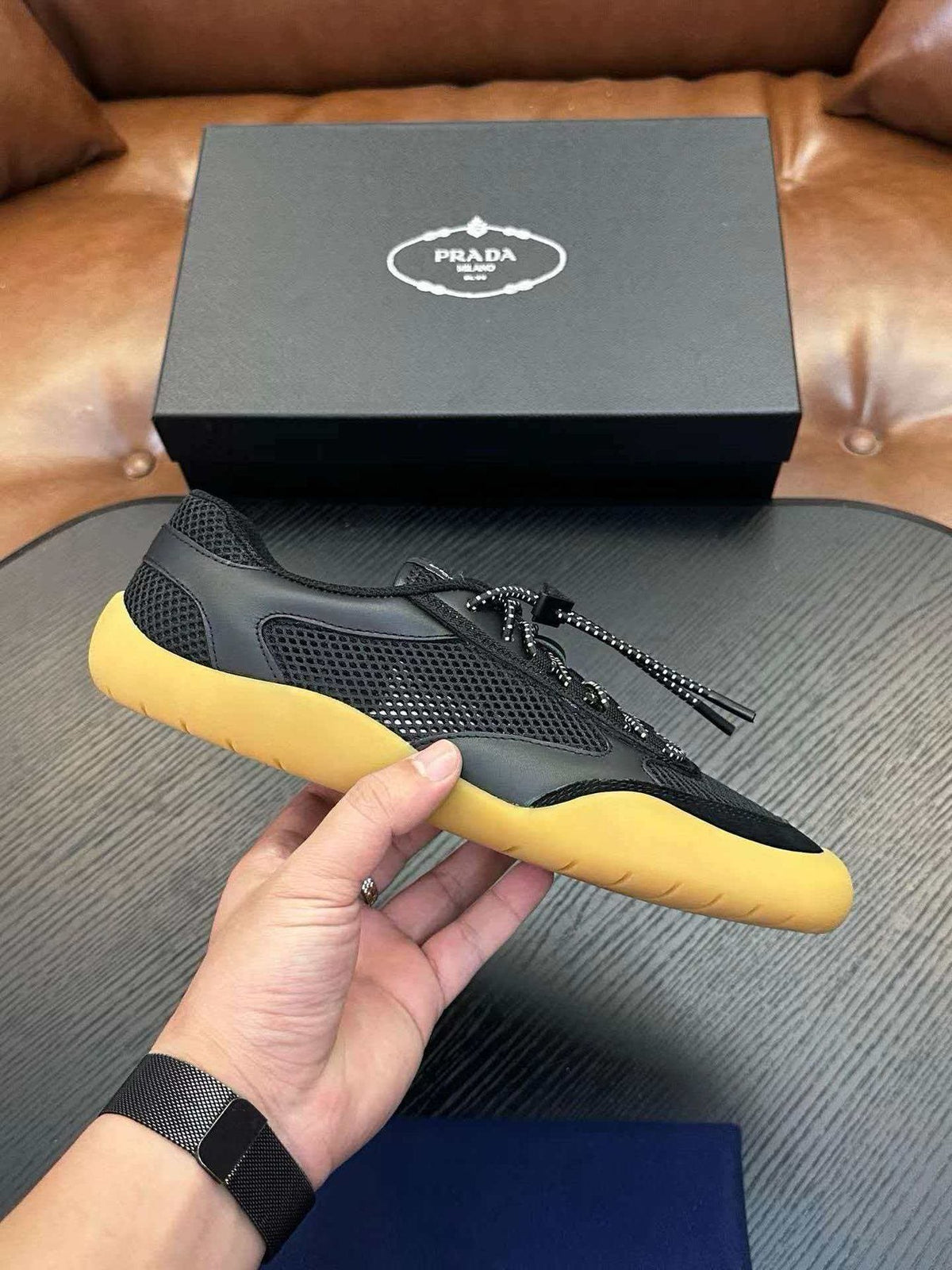 Prada Black Sneakers with Yellow Sole — side