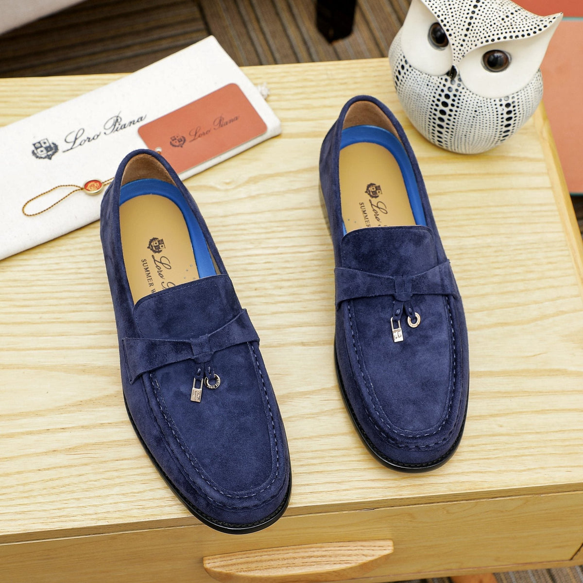 Loro Piana Navy Blue Metal-Bar Loafers — hero