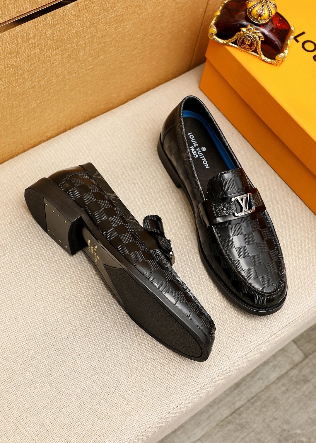Louis Vuitton Black and Dark Gray Check Loafers — front