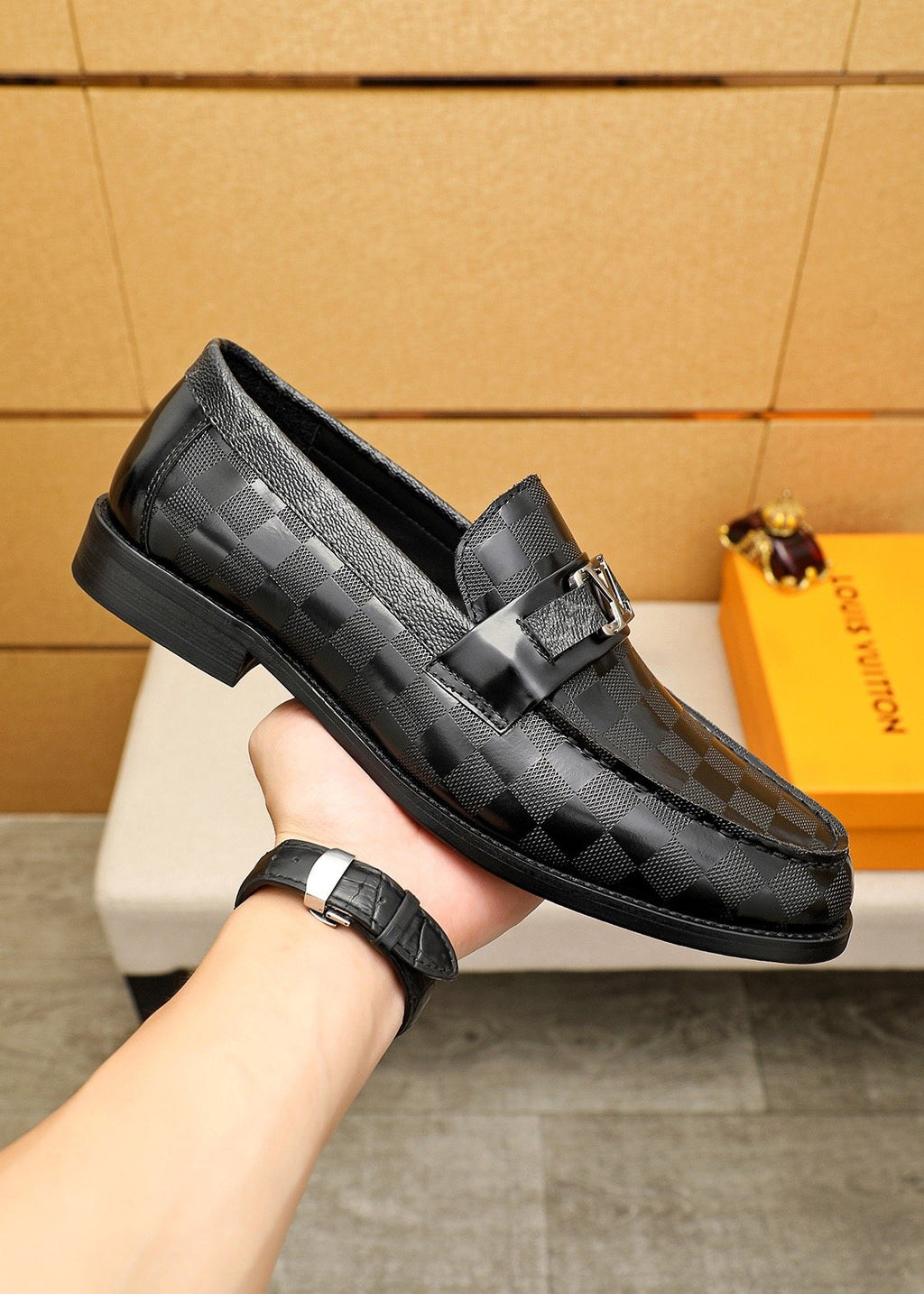 Louis Vuitton Black and Dark Gray Check Loafers — model