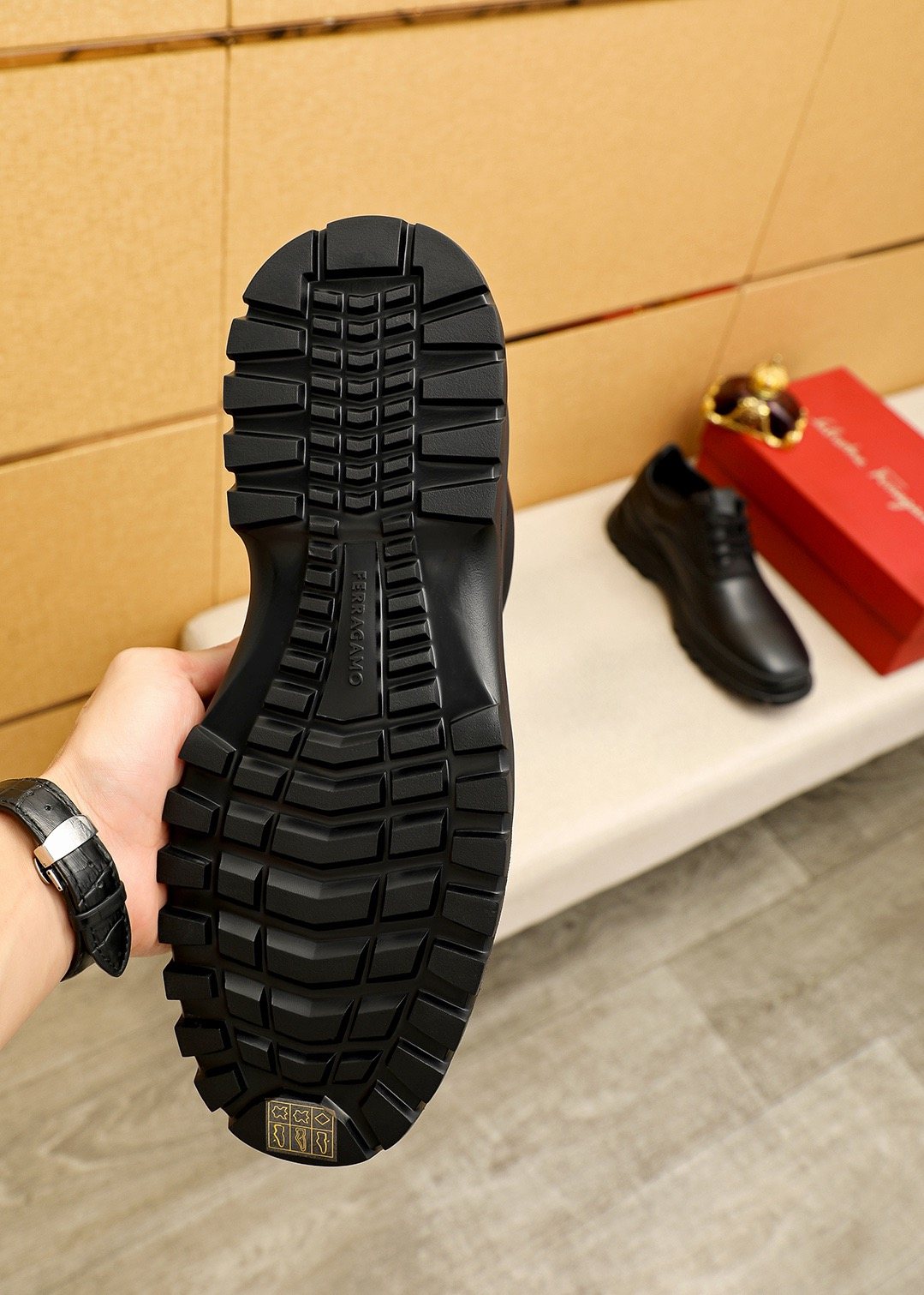 Ferragamo Black Leather Lug Sole Lace-Up Shoes — detail