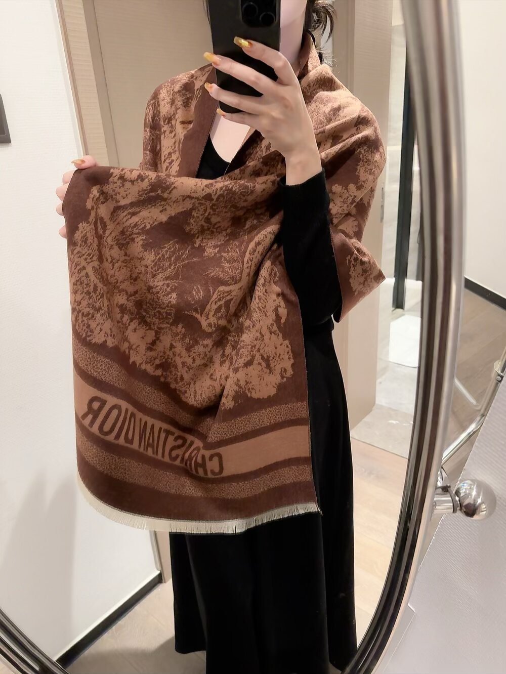 Dior Animal-Print Fringed Scarf — model