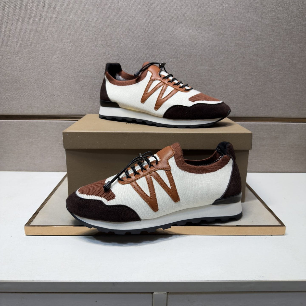 White, Brown & Tan Panel Sneakers — front