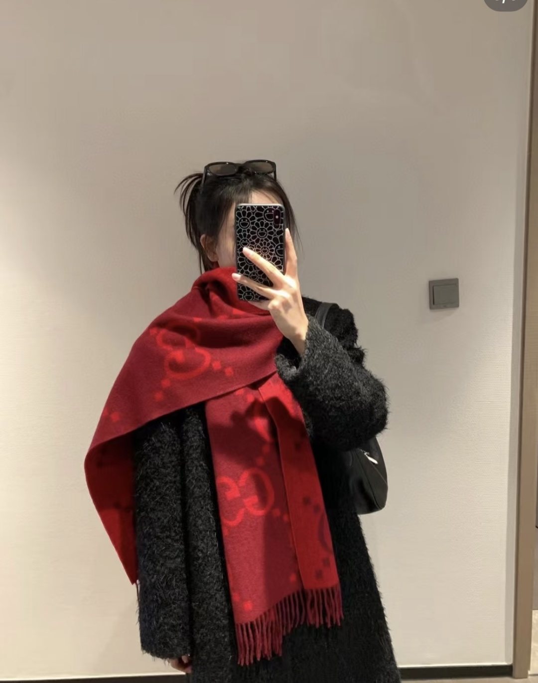 Deep Red Patterned Fringed Scarf Shawl — model