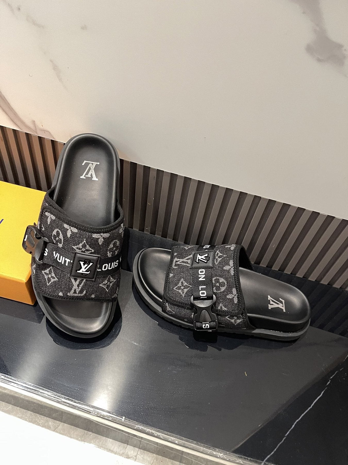 Louis Vuitton Black Monogram Slide Sandals — side