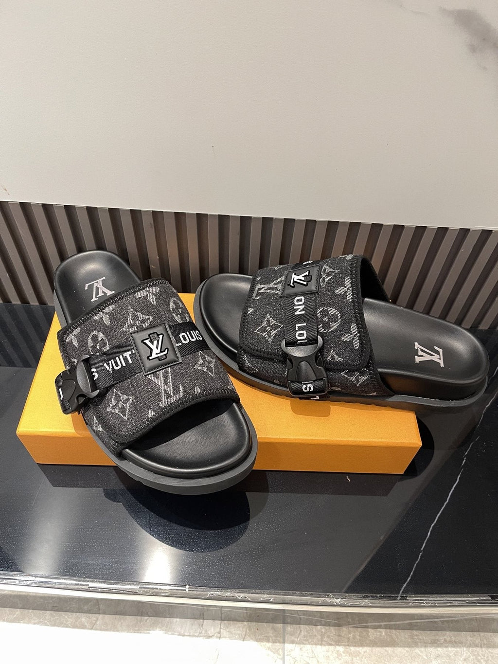 Louis Vuitton Black Monogram Slide Sandals — side