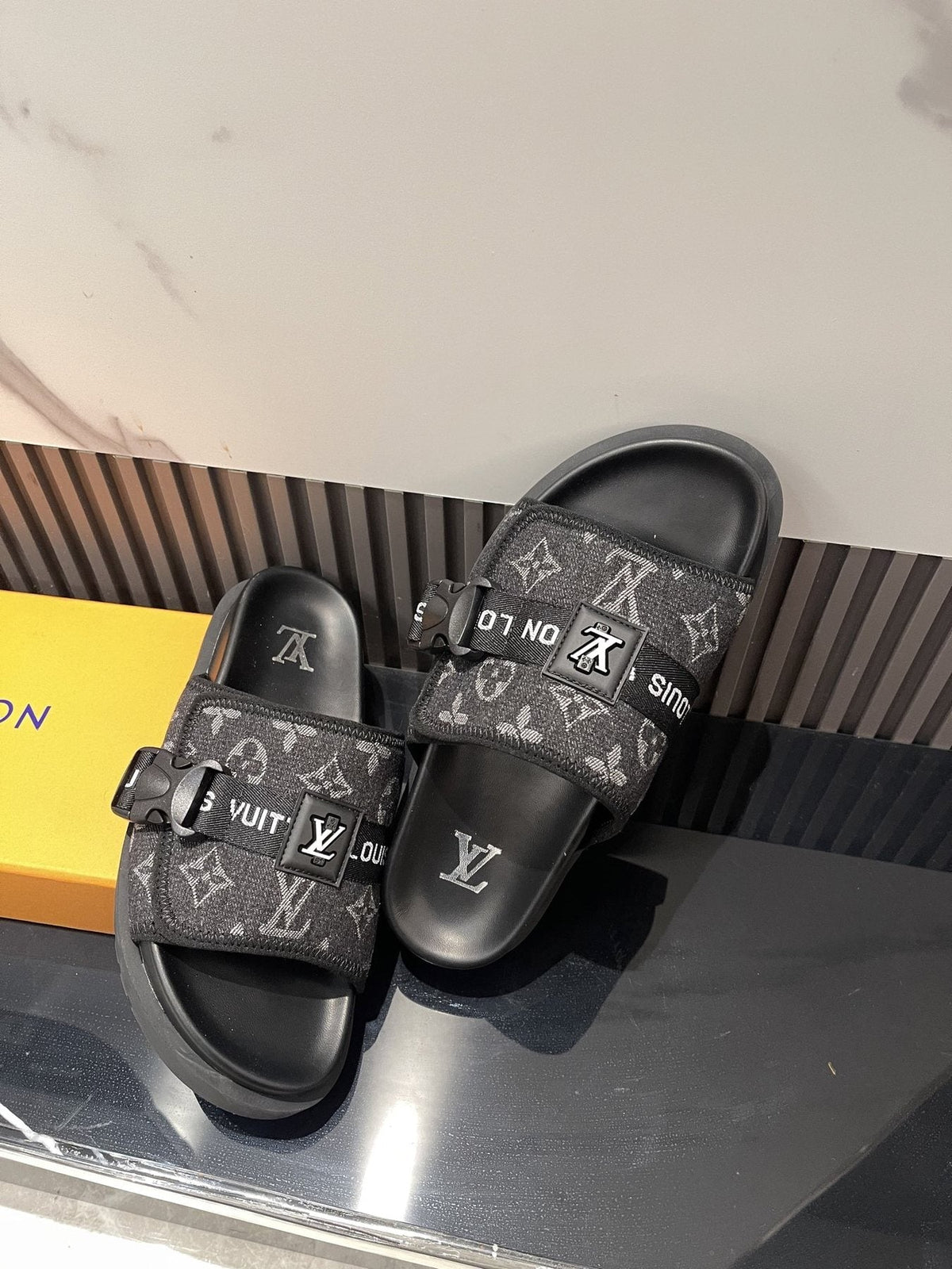 Louis Vuitton Black Monogram Slide Sandals — side