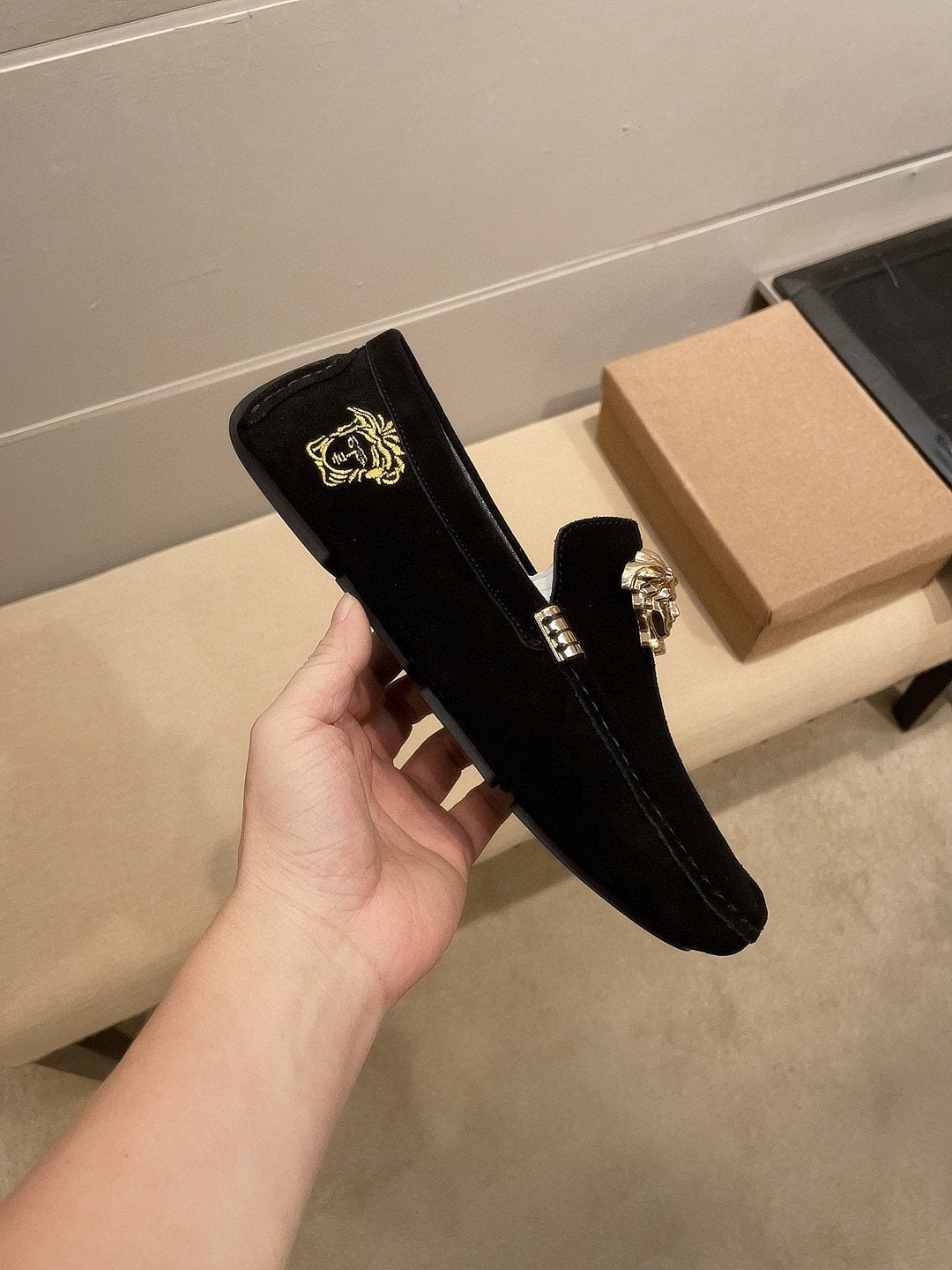 Versace Black Gold Hardware Loafers — side