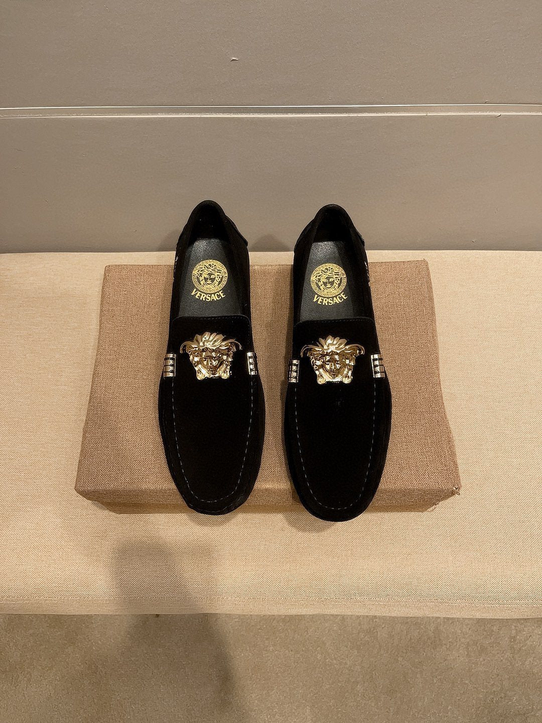 Versace Black Gold Hardware Loafers — hero