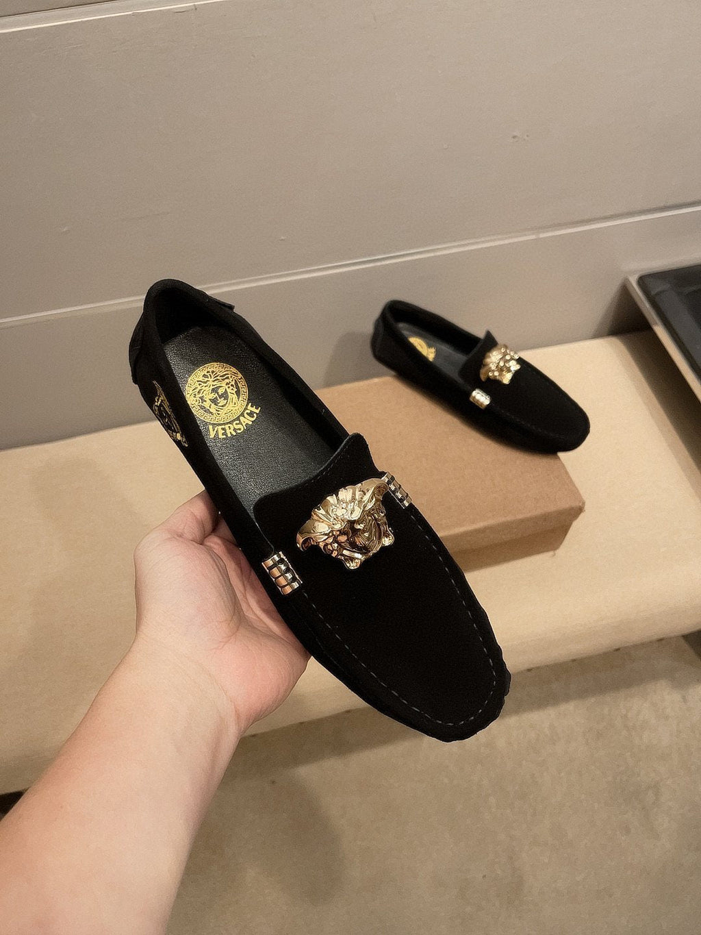 Versace Black Gold Hardware Loafers — front
