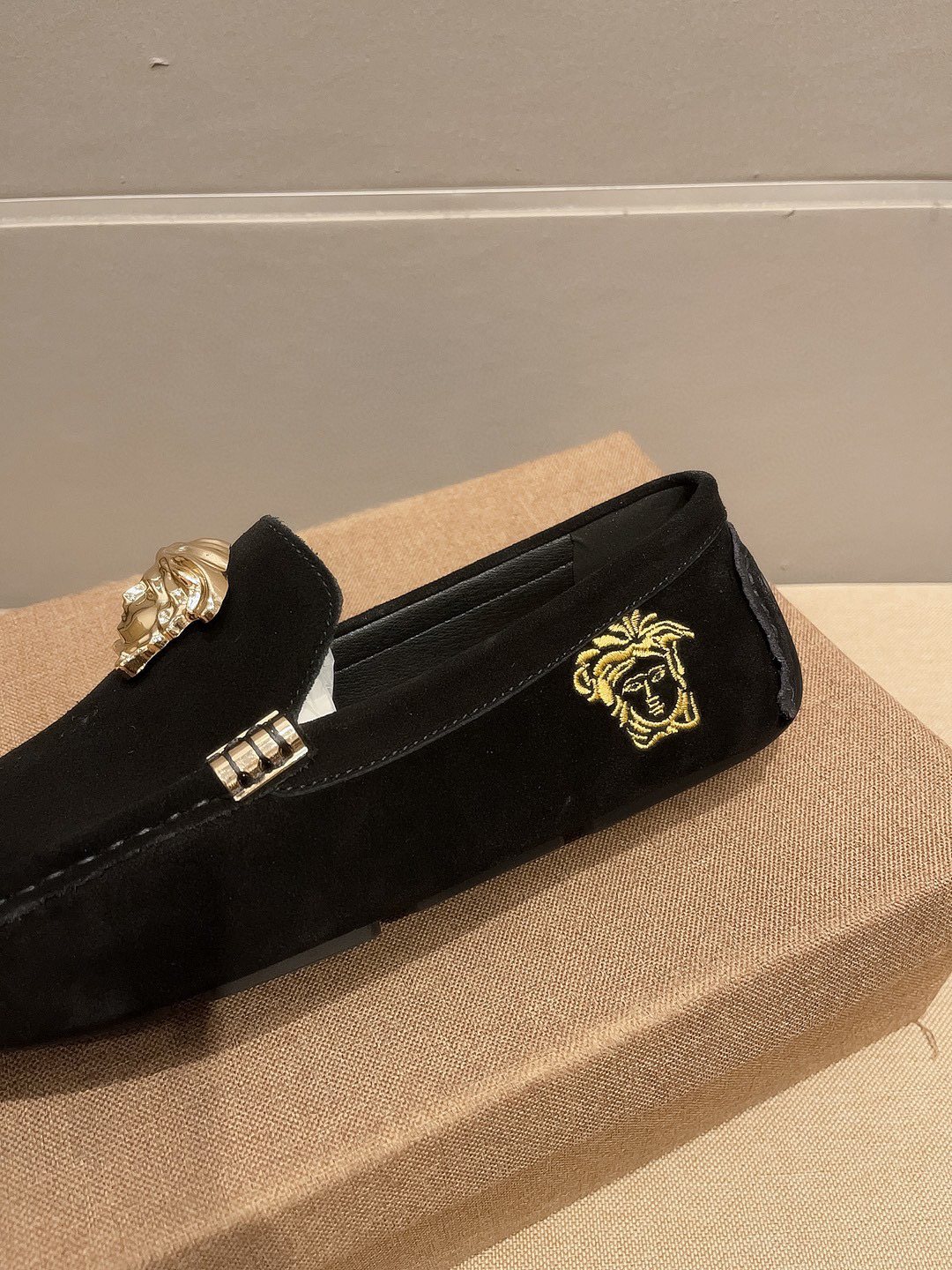 Versace Black Gold Hardware Loafers — detail