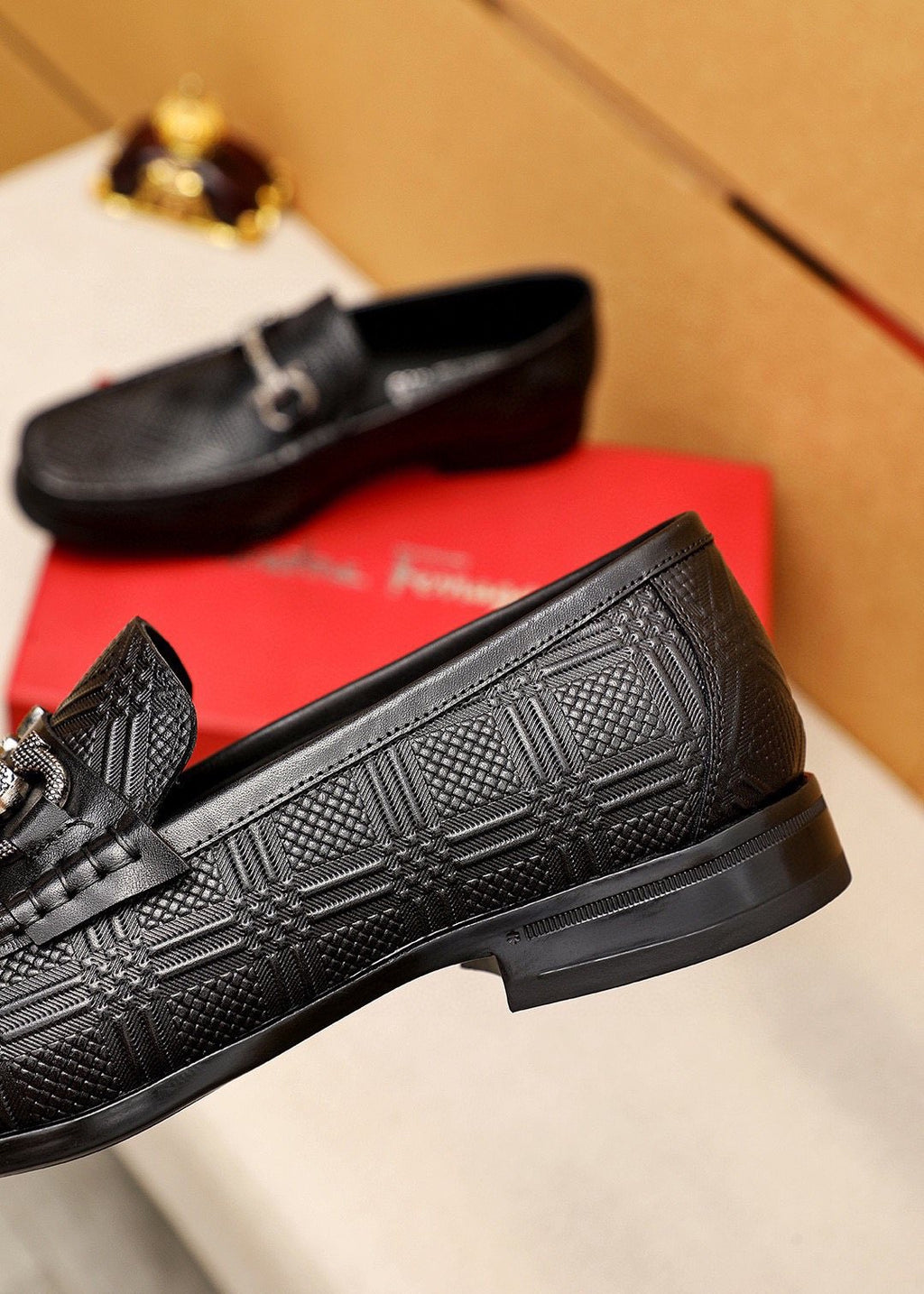 Ferragamo Black Embossed Buckle Loafers — detail