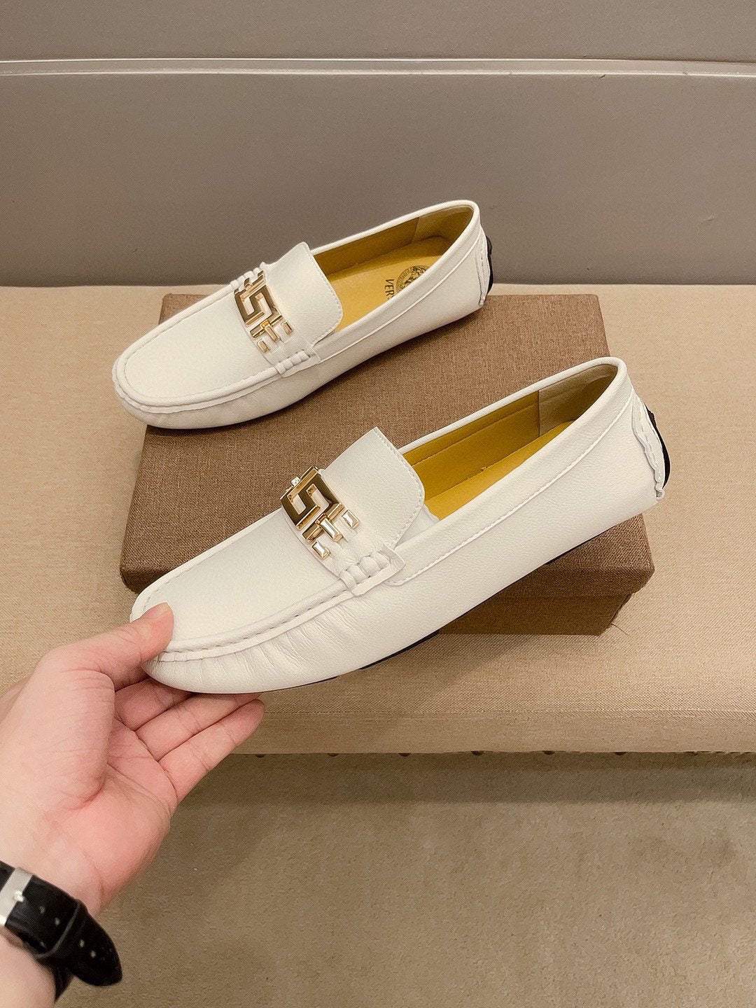 Versace Cream White Gold-Tone Loafers — model