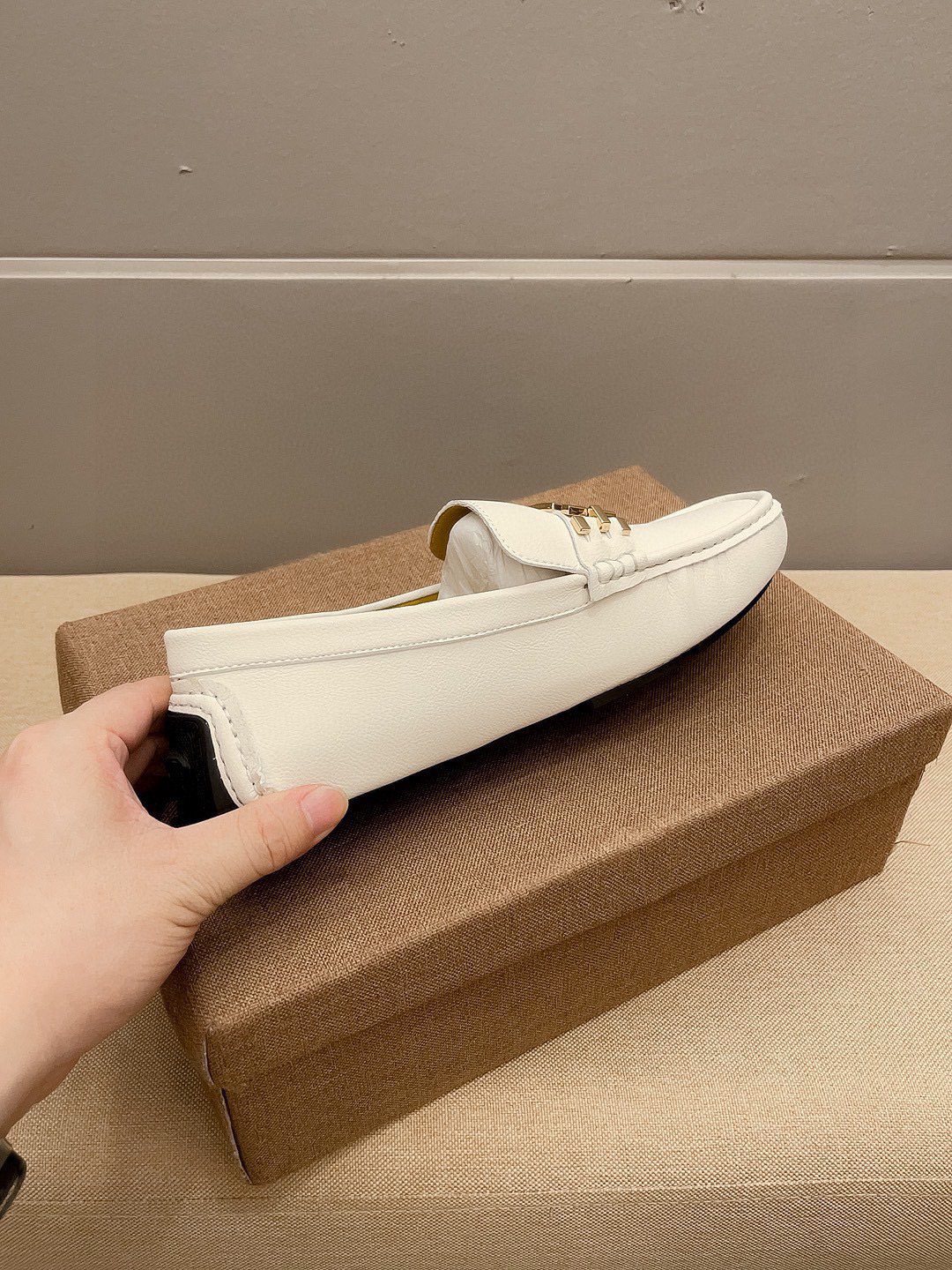 Versace Cream White Gold-Tone Loafers — side