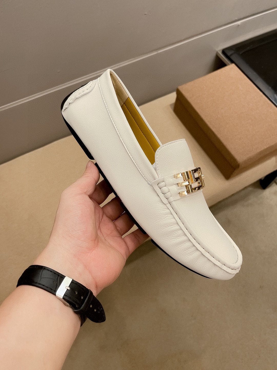 Versace Cream White Gold-Tone Loafers — side