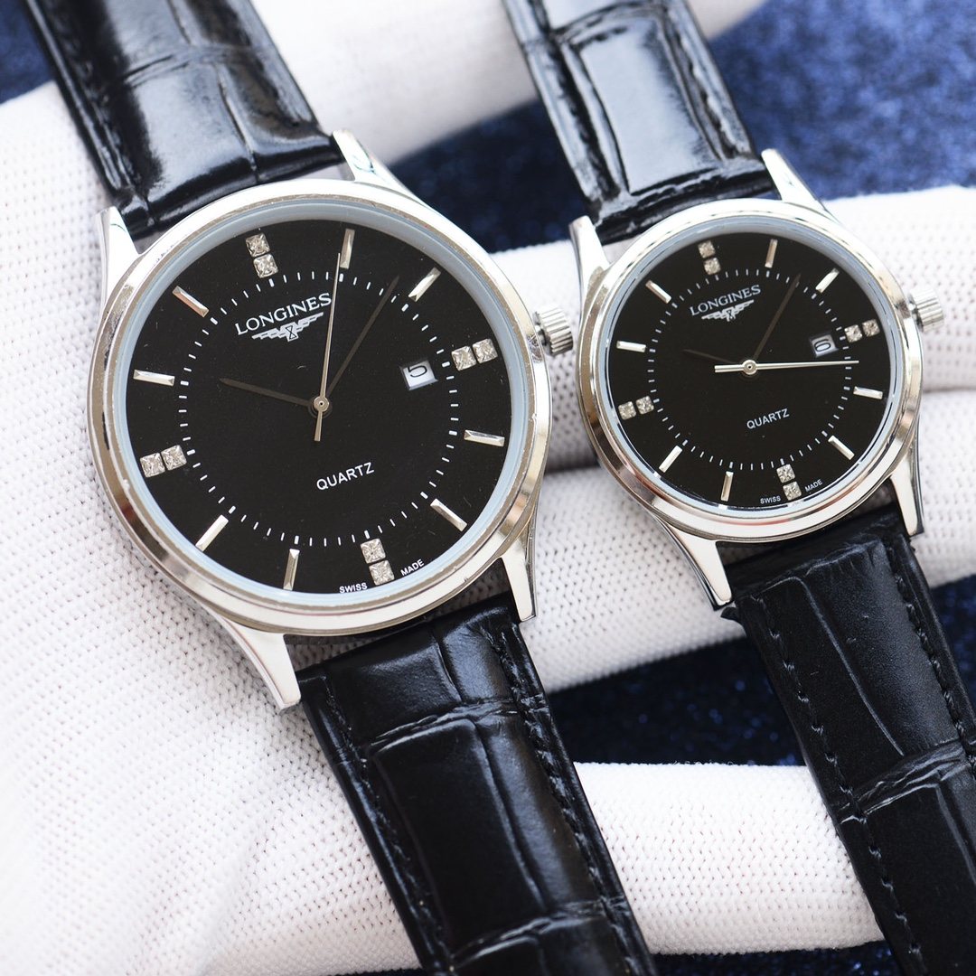 Longines Silver Black Dial Bracelet Couple Watch Set — front