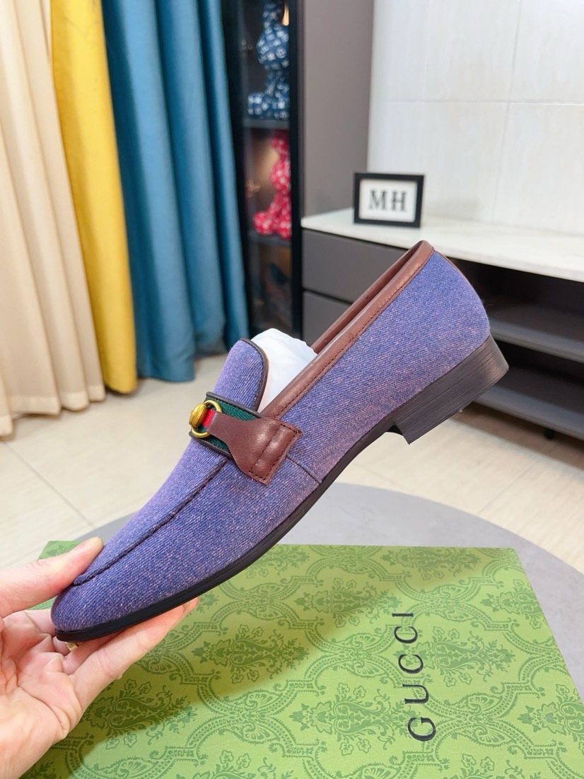 Gucci Purple-Blue Brown-Trim Loafers — side