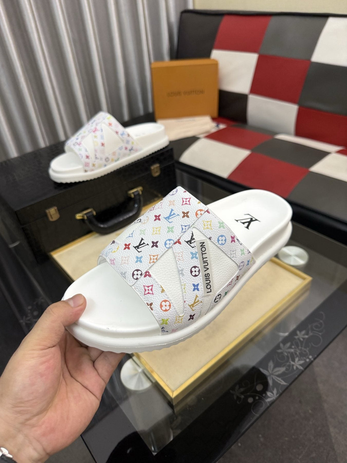 Louis Vuitton White Monogram Print Slide Sandals — model