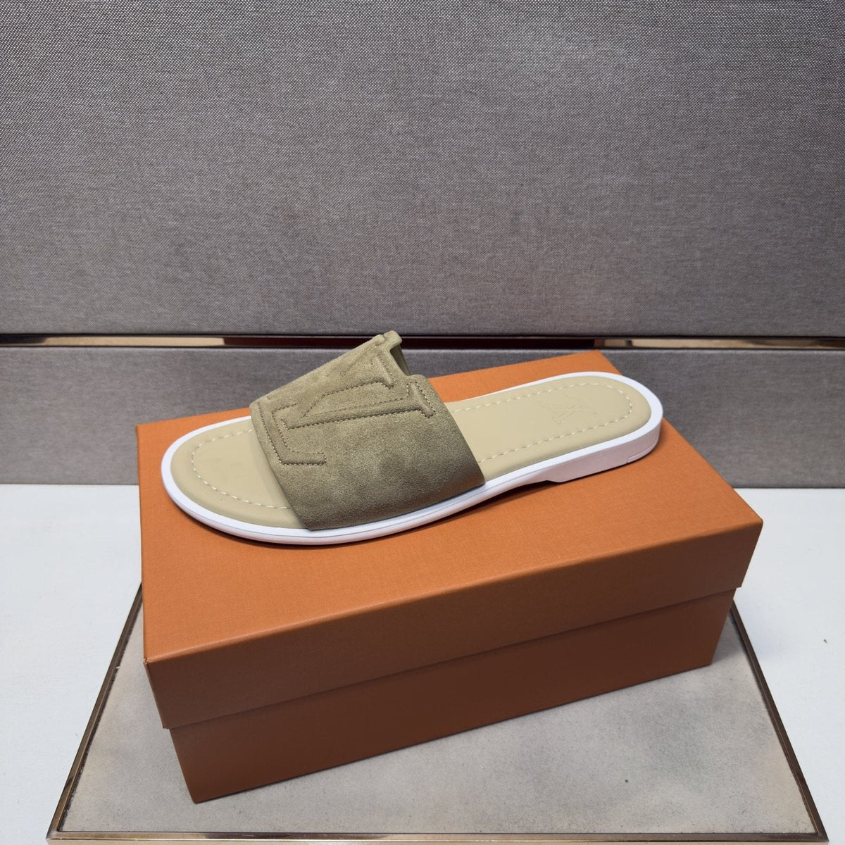 Louis Vuitton Khaki Monogram Slide Sandals — model